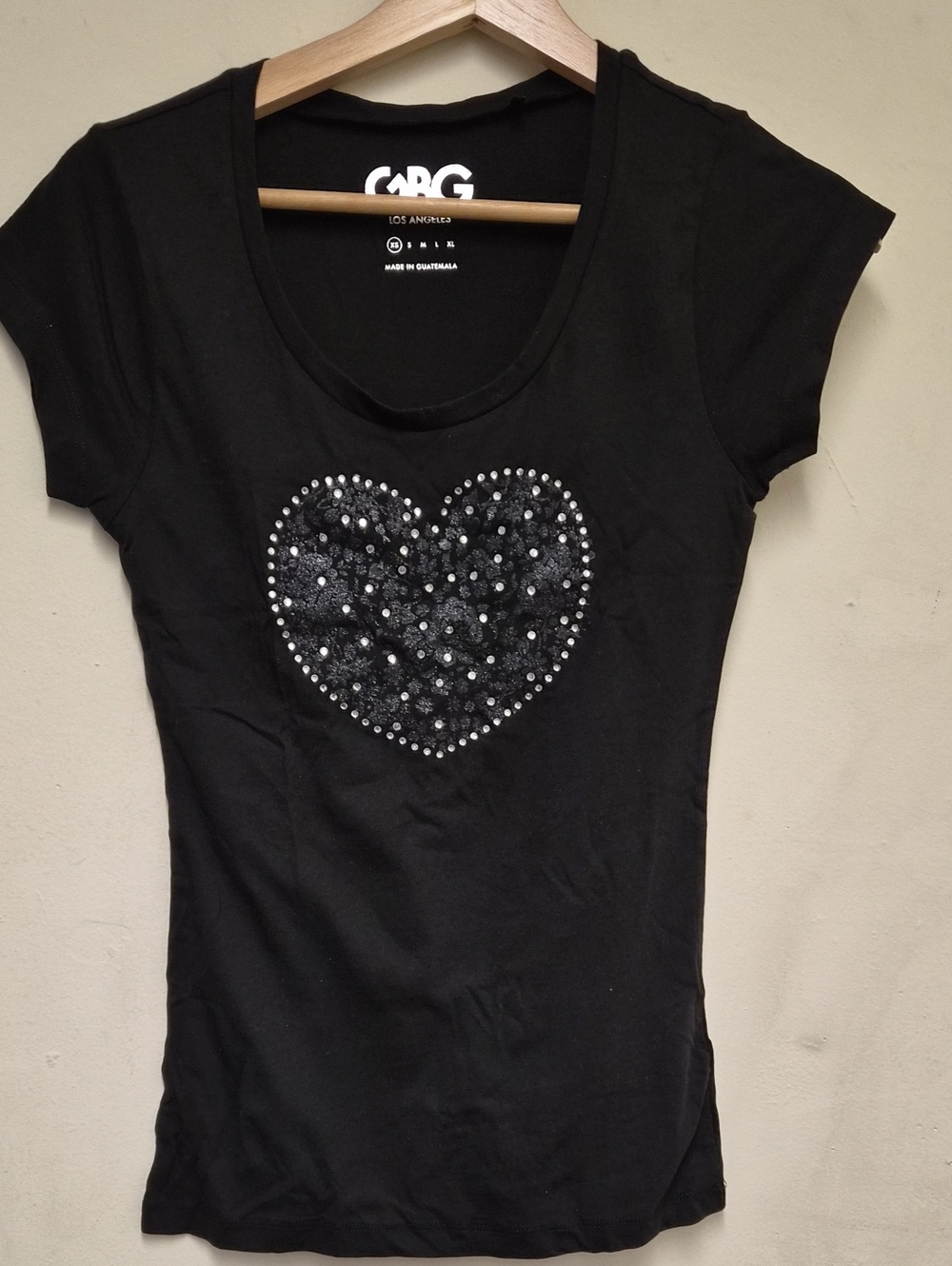 GBG Los Angeles Black Short Sleeve Tee with Embellished Heart Size XS